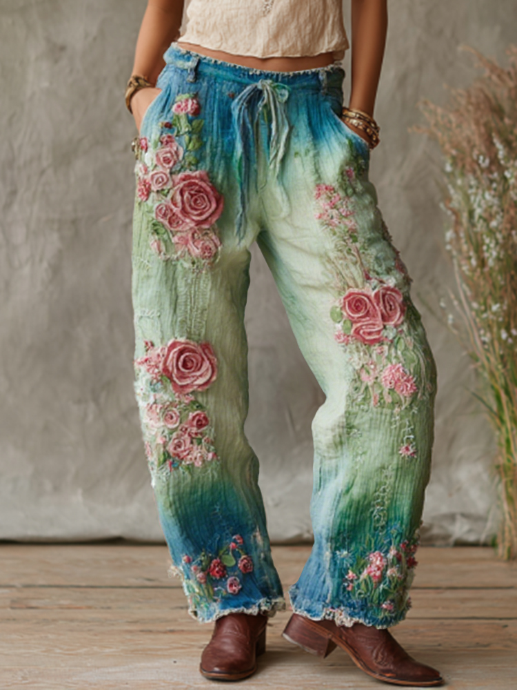Love & Health Collection Retro Western Women Style Vintage Rose And Floral Patchwork Art Linen Pants 3d39