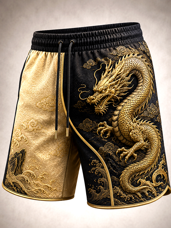 Men's Golden Dragon And Auspicious Clouds Scenery Japanese Art Print Casual Shorts