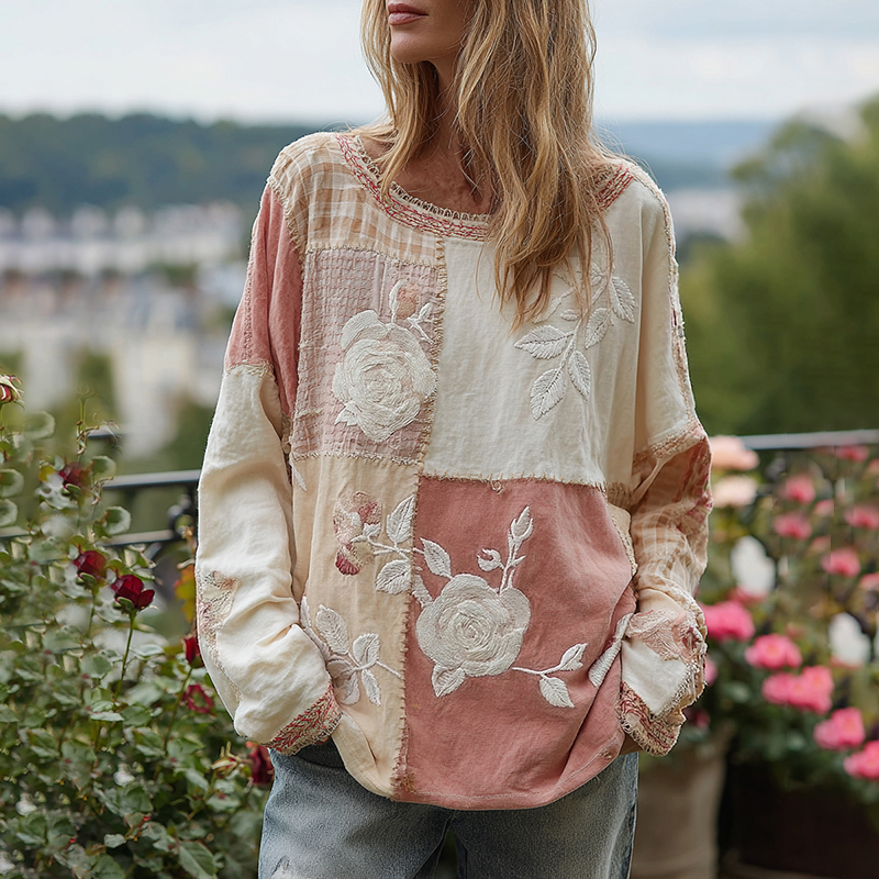 Women's Bohemian White Rose Patchwork Crew Neck Long-sleeve T-shirt