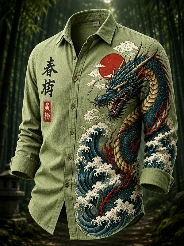 Men's Dragons and Waves Japanese Art Print Long Sleeve Shirt