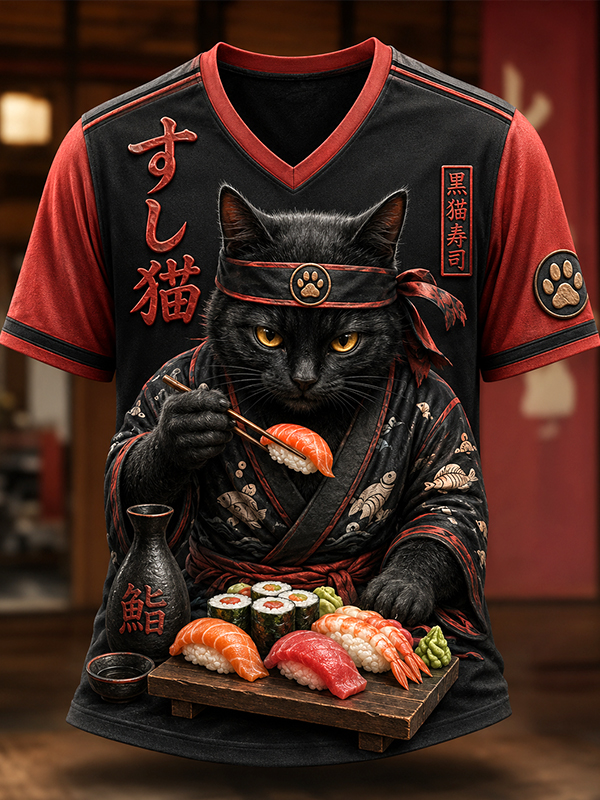 Men's Black Cat Eating Sushi Japanese Art Print T-Shirt