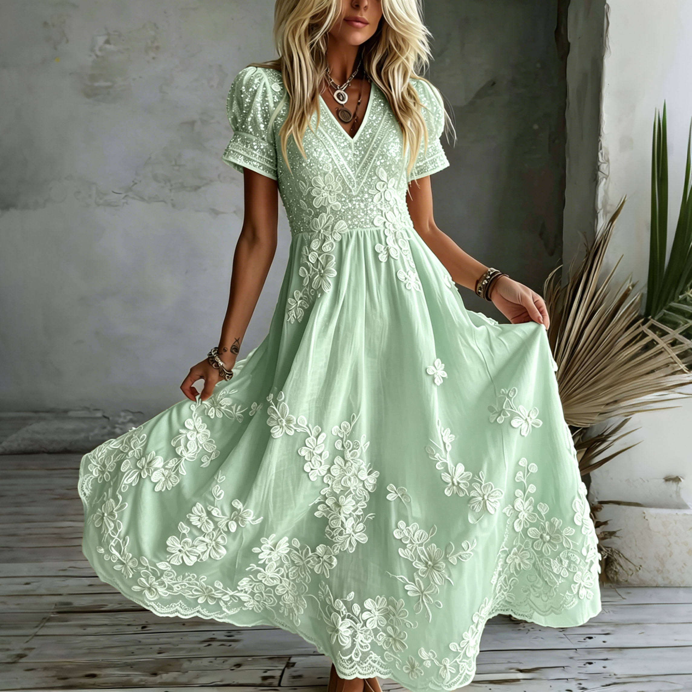 Women's White Rose Art Embroidered Linen Blend V Neck Maxi Dress