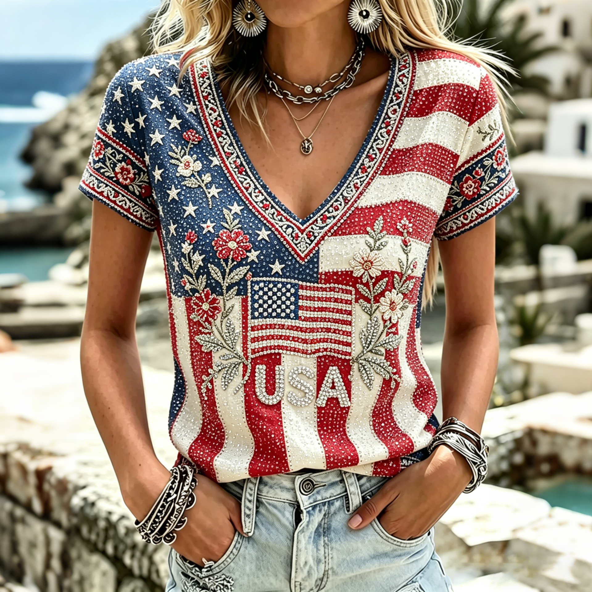 Women's America Hot Drill Floral Art Print Casual T-shirt