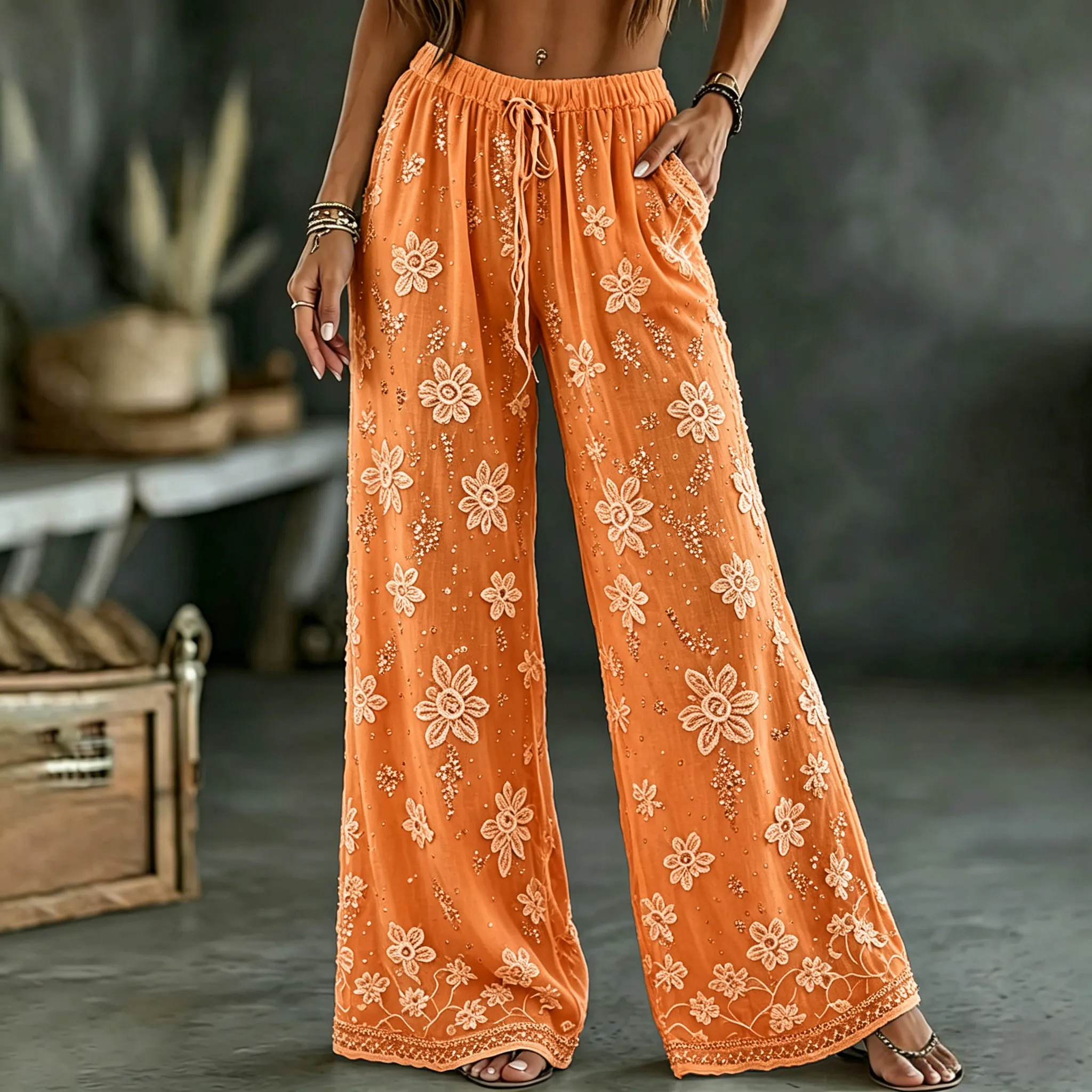 Women's White Rose Art Embroidered Linen Blend Pants