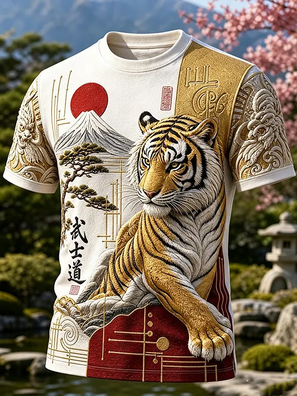 Men's Japanese White Tiger Geometric Art Print Cotton Casual T-Shirt