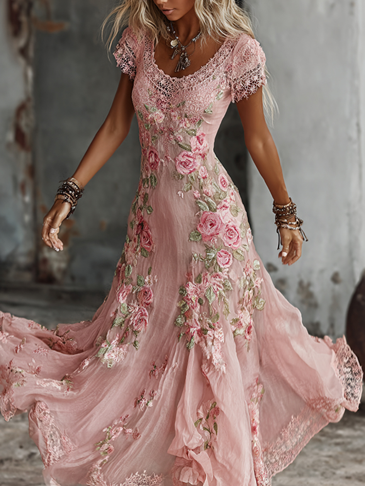 Women's Bohemia Rose Floral Embroidered Art Flowy Maxi Dress