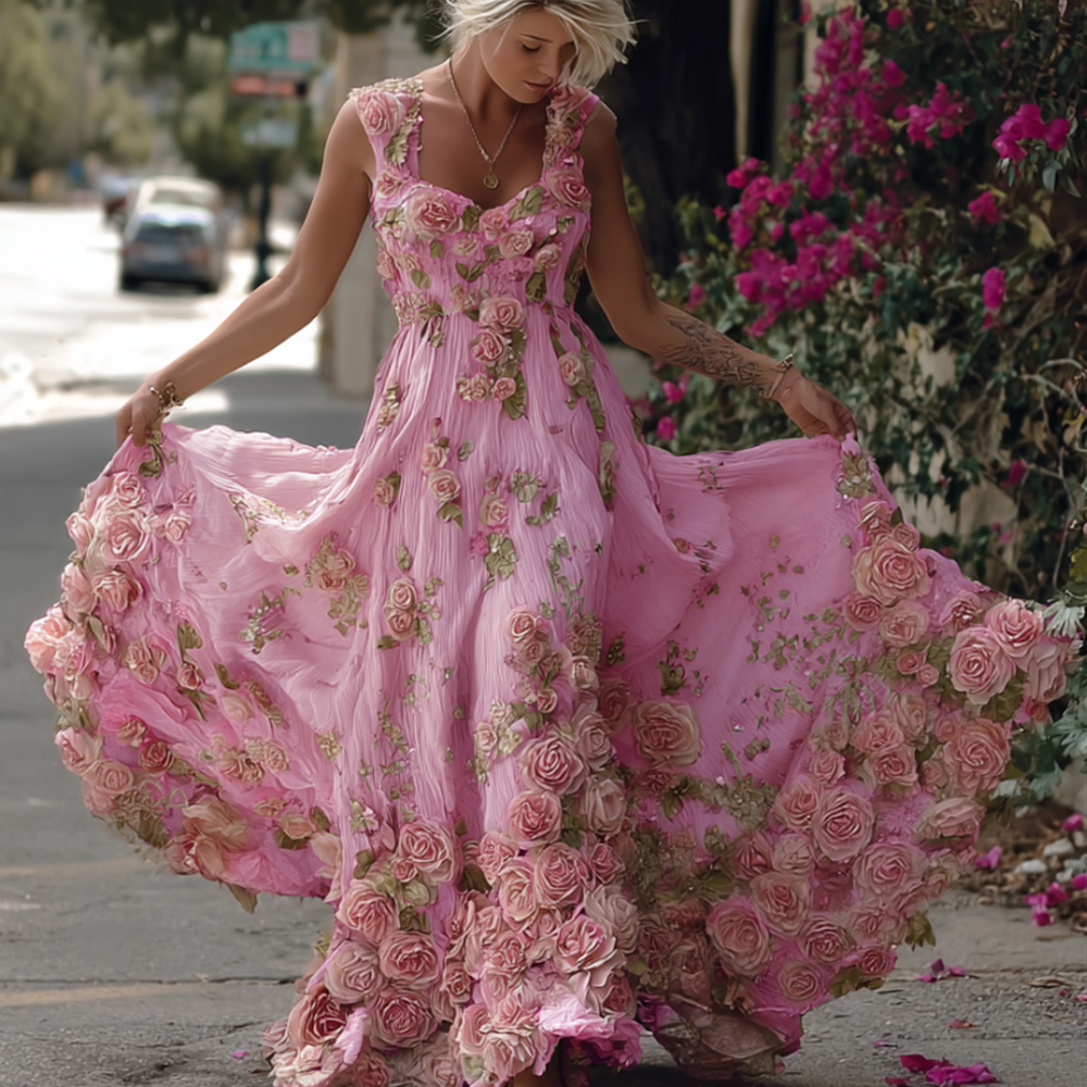Bohemian Style Pink Rose Lightweight Vintage Style Long Dress With Straps ed7f