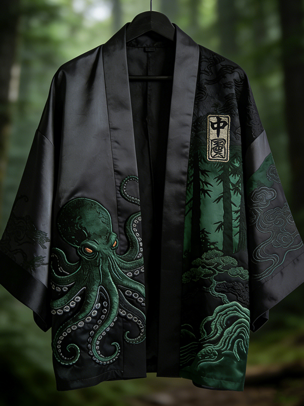 Men's Dark Octopus Cthulhu Printed Kimono Cardigan