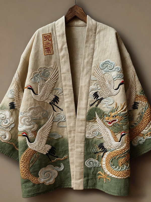 Men's Oriental Art Red-Crowned Crane and Dragon Print Kimono Cardigan