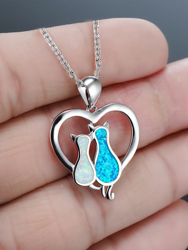 Contrast Color Opal Cat Heart Necklace Everyday Matching Pendant