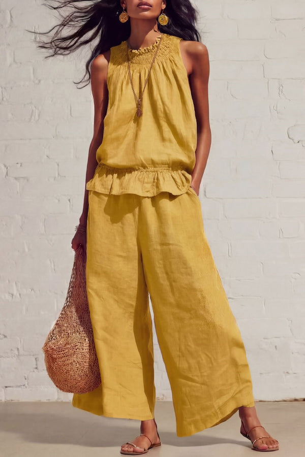 Linen Blend Round Neck Sleeveless Ruffled Top and Elastic Waist Casual Pocket Wide-leg Pants Set