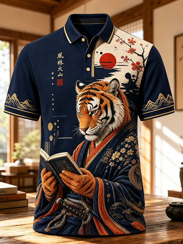 Men's Japanese Tiger Samurai Reading Printed Short Sleeve Polo Shirt