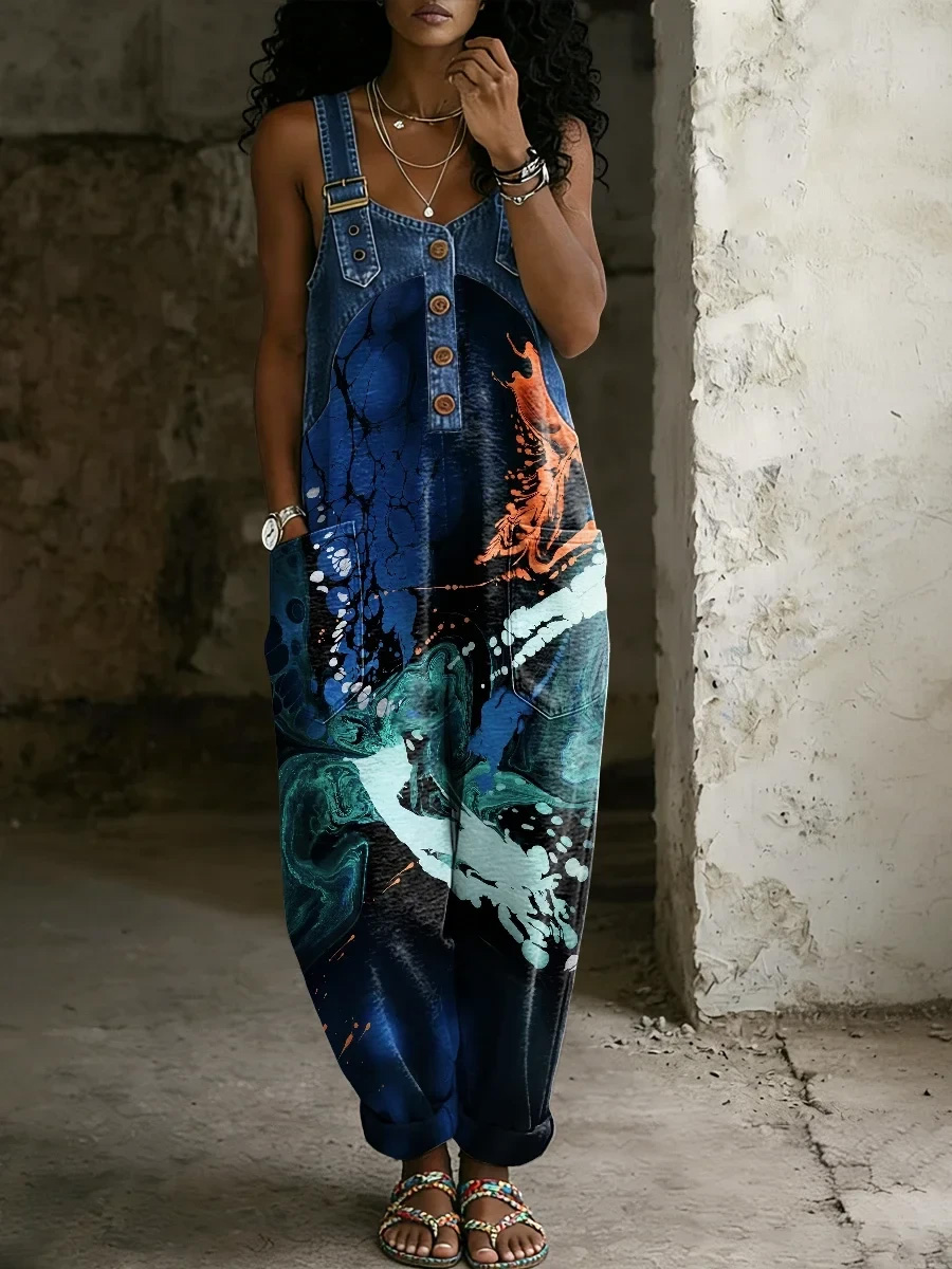 Women's Abstract Art Print Retro Jumpsuit