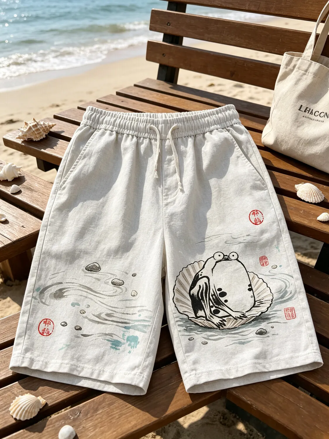 Men's Japanese Ink Frog Shell Art Print Casual Shorts