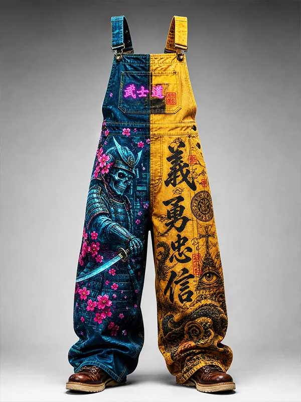 Men's Bushido Samurai Skull Sakura Kanji Split Color Print Overalls Jumpsuit