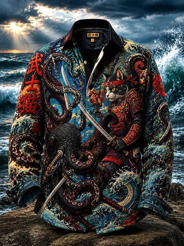 Men's Japanese Samurai Cat Octopus Wave Print Long Sleeve Shirt