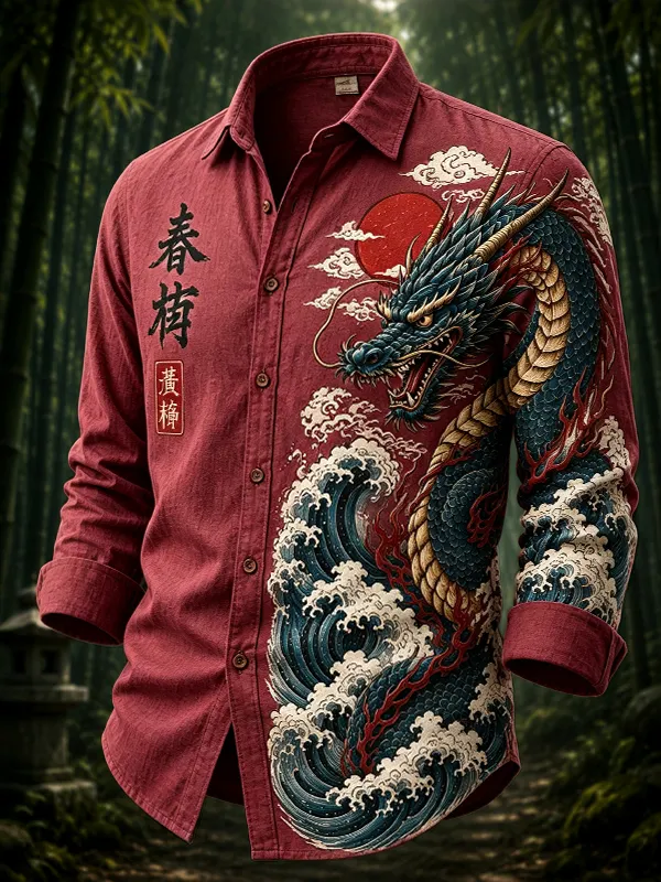 Men's Dragons and Waves Japanese Art Print Long Sleeve Shirt