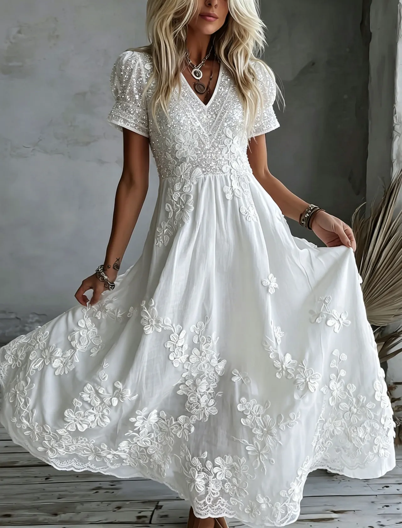 Women's White Rose Art Embroidered Linen Blend V Neck Maxi Dress