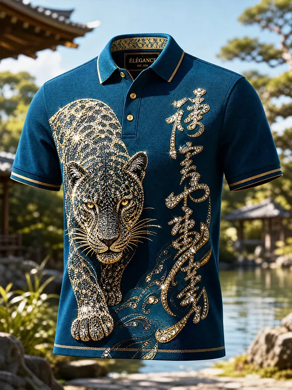 Men's Diamond Leopard Calligraphy Japanese Art Print Polo Shirt