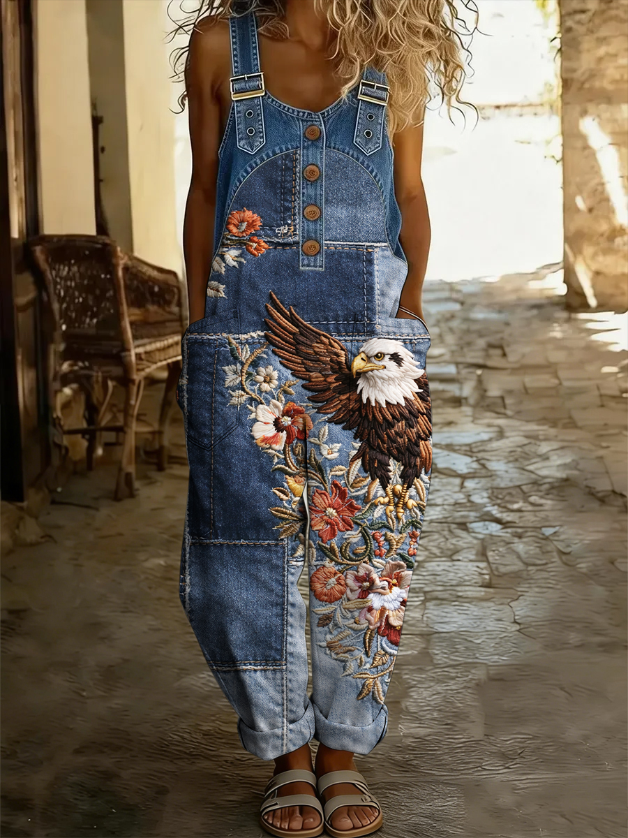 Women's American Flag Art Print Washed Cotton Denim Patchwork Jumpsuit