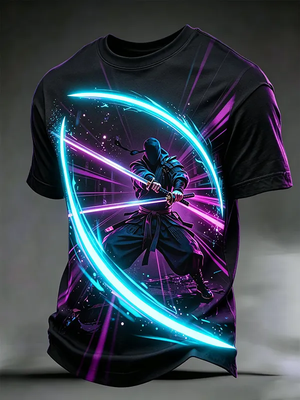 Men's Cyberpunk Sci-Fi Swordsman Anime Style Print Casual T-Shirt