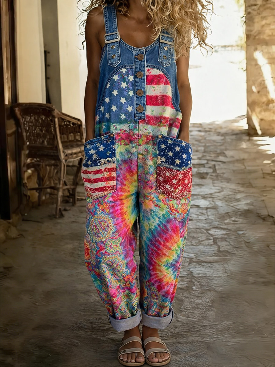 Women's Floral Art Print Washed Cotton Denim Patchwork Jumpsuit