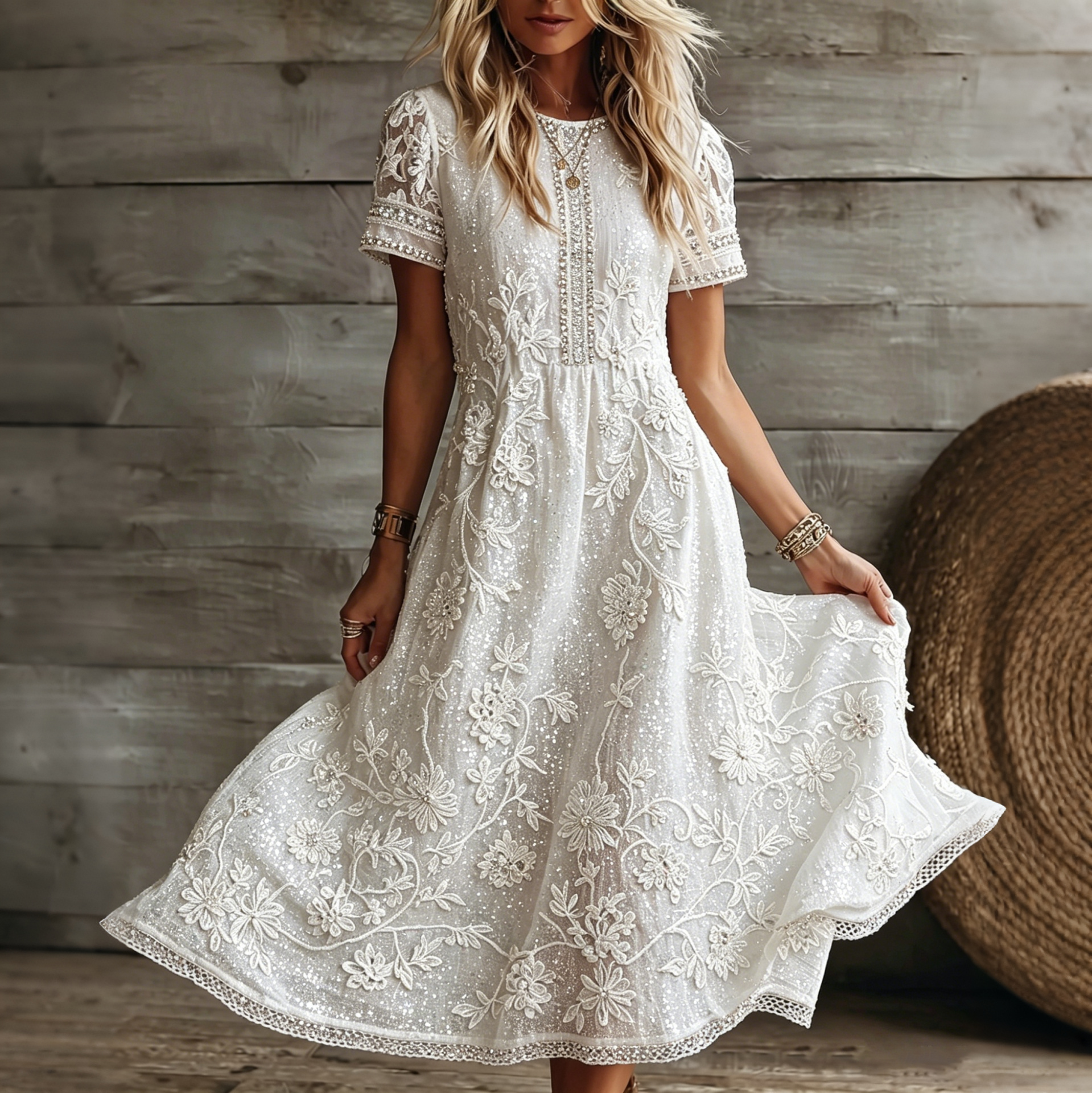 Women's White Rose Art Embroidered Linen Blend Round Neck Maxi Dress
