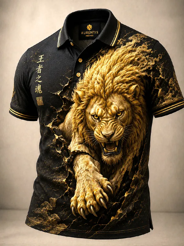 Men's Golden Lion King's Soul Print Polo Shirt