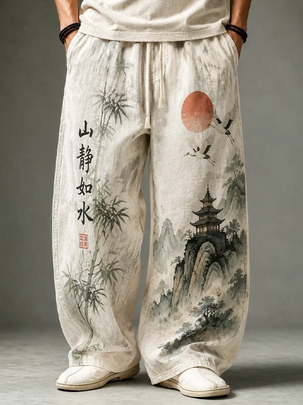 Men's Bamboo Forest Landscape Cranes Japanese Art Print Loose Drawstring Waist Pants