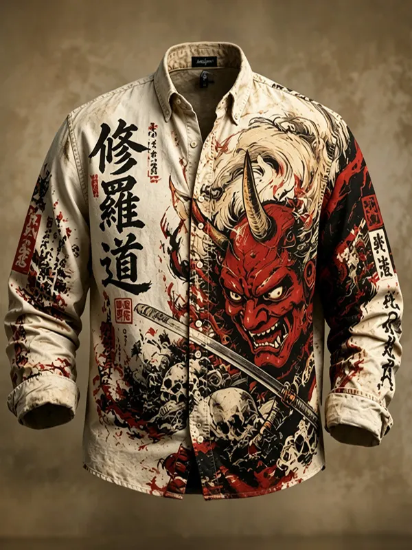 Men's Japanese Oni Demon Samurai Print Long Sleeve Shirt