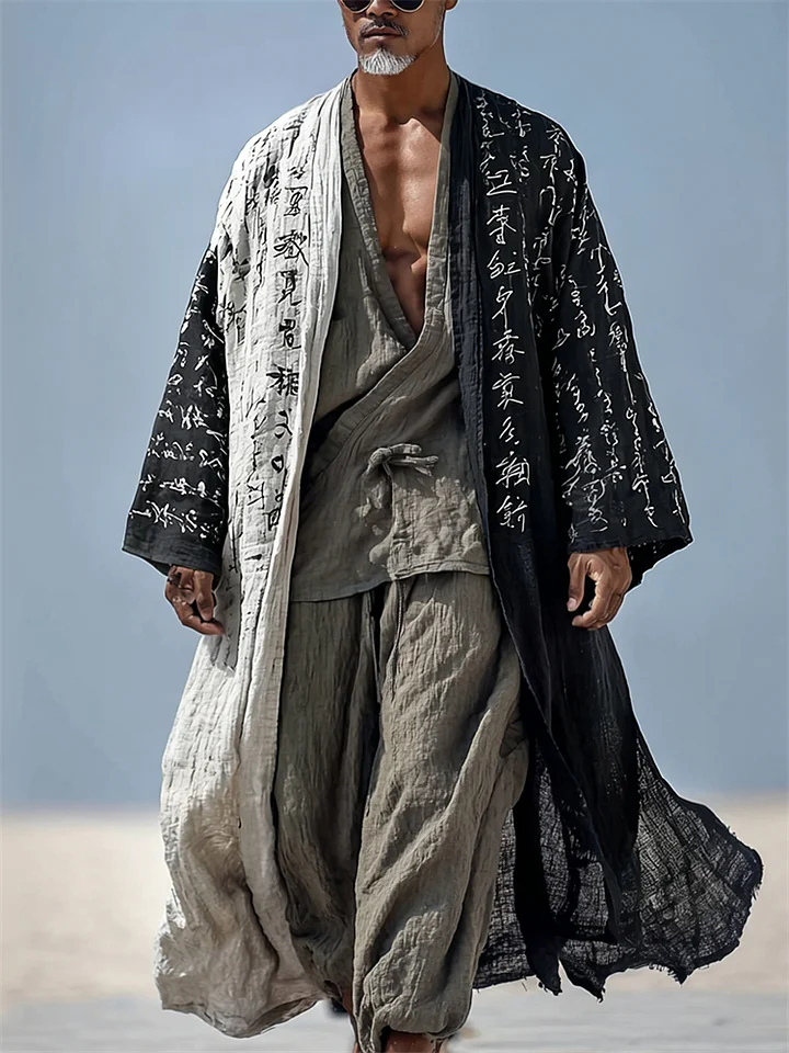 Men's Japanese Black White Colorblock Calligraphy Printed Casual Kimono Cardigan