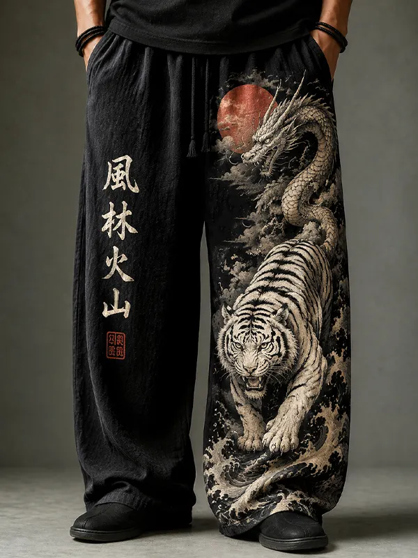 Men's White Tiger And Dragon Japanese Art Print Loose Drawstring Waist Pants