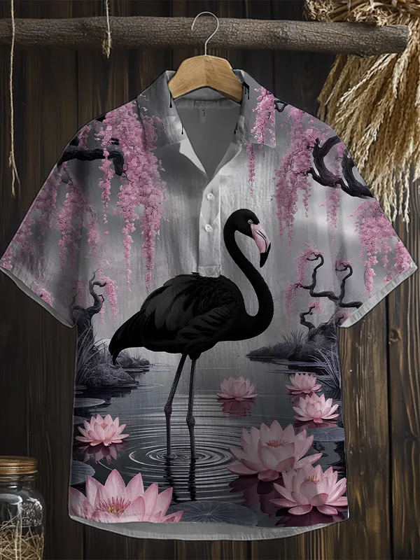 Men's Flamingo Lotus Art Print Short Sleeve Shirt