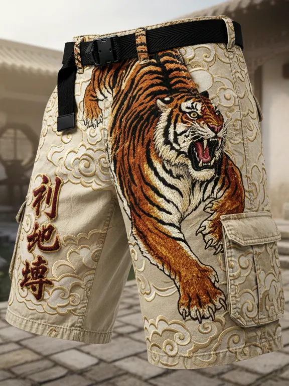 Men's 3D Embossed Tiger Cloud Pattern Characters Print Casual Shorts