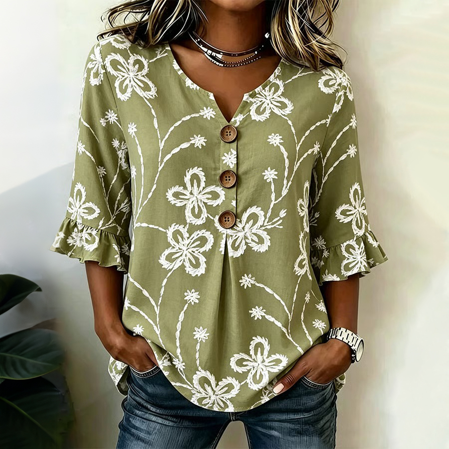 Women's Casual V-Neck Printed Cotton-Linen Top
