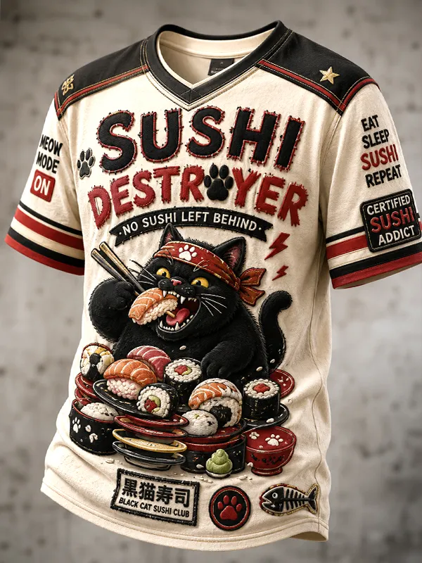 Men's Sushi Destroyer Black Cat Sushi Lover Art Print T-Shirt