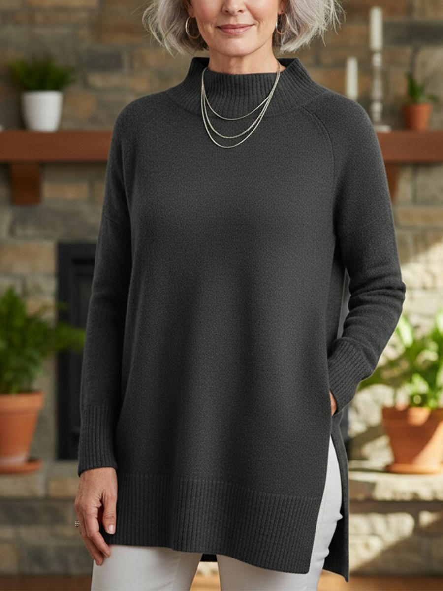 New Arrivals🔥 Women's Soft Mock Neck Tunic Sweater - Long Sleeve Ribbed Knit Pullover Tops with Side Slits (Loose Fit S-5XL)