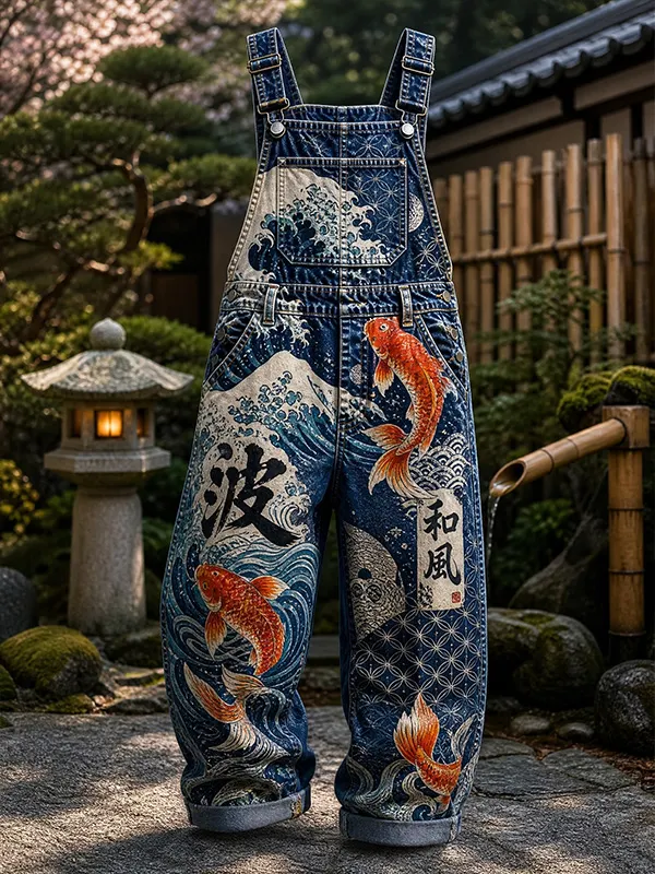 Men's Japanese Wave Ukiyo-e Koi Fish Vintage Print Overalls Jumpsuit