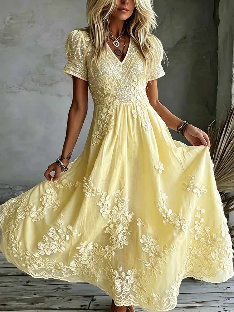 Women's White Rose Art Embroidered Linen Blend V Neck Maxi Dress