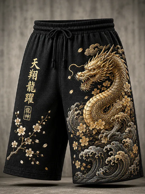 Men's Golden Dragons Amidst Waves And Cherry Blossoms Japanese Art Print Casual Shorts
