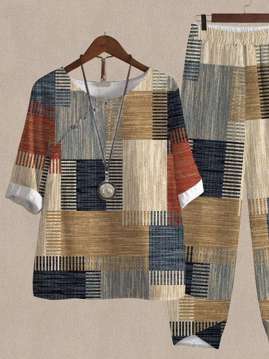 Contrast Print Loose Casual Two Piece Suits