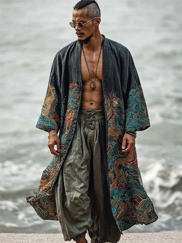 Men's Traditional Japanese Style Dragon & Wave Printed Casual Kimono Cardigan
