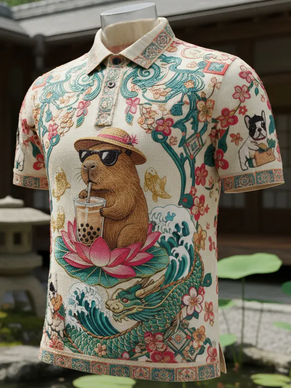 Men's Cute Capybara Drinking Bubble Tea Dragon Lotus Floral Print Polo Shirt