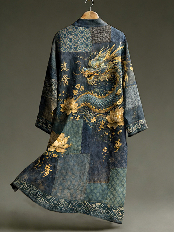 Men's Retro Dragon And Lotus Printed Casual Kimono Cardigan