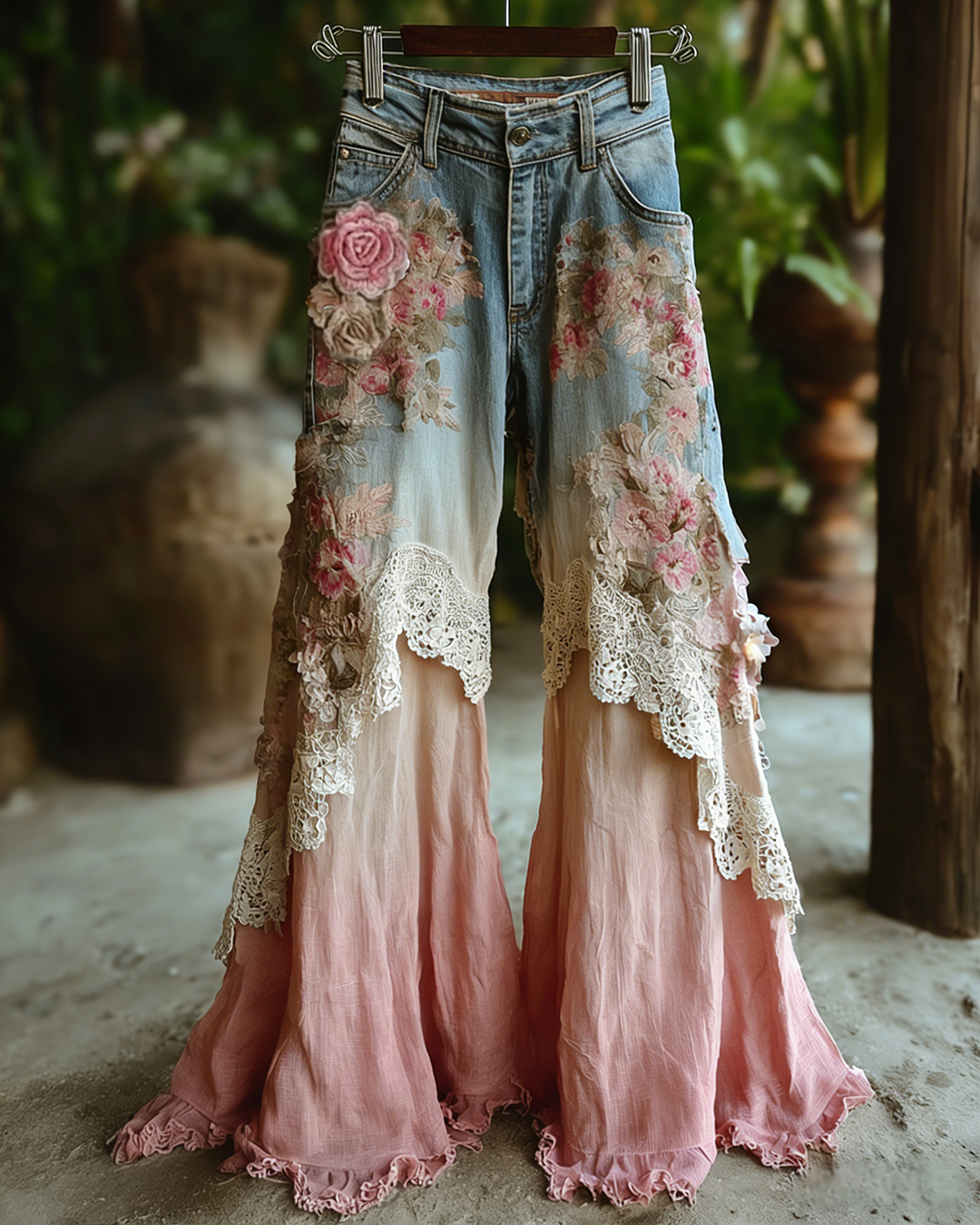 Women's Floral Embroidered Irregular Lace Ruffled Patchwork Pants 6521