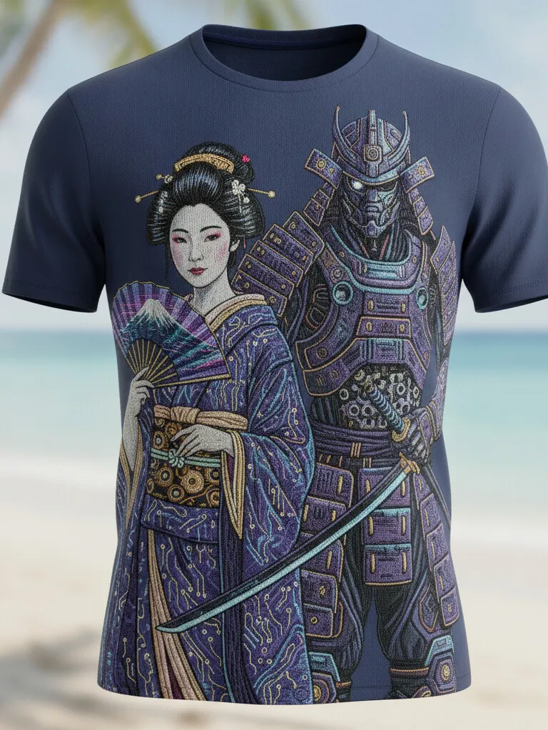Men's Japanese Geisha Cyber Samurai Katana 3D Texture Art Print T-Shirt