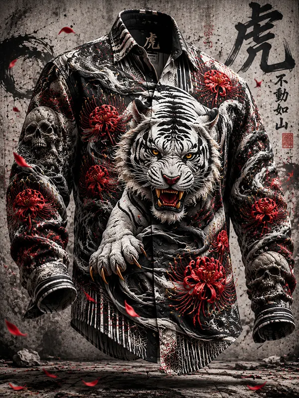 Men's Vintage White Tiger Red Spider Lily Print Long Sleeve Shirt