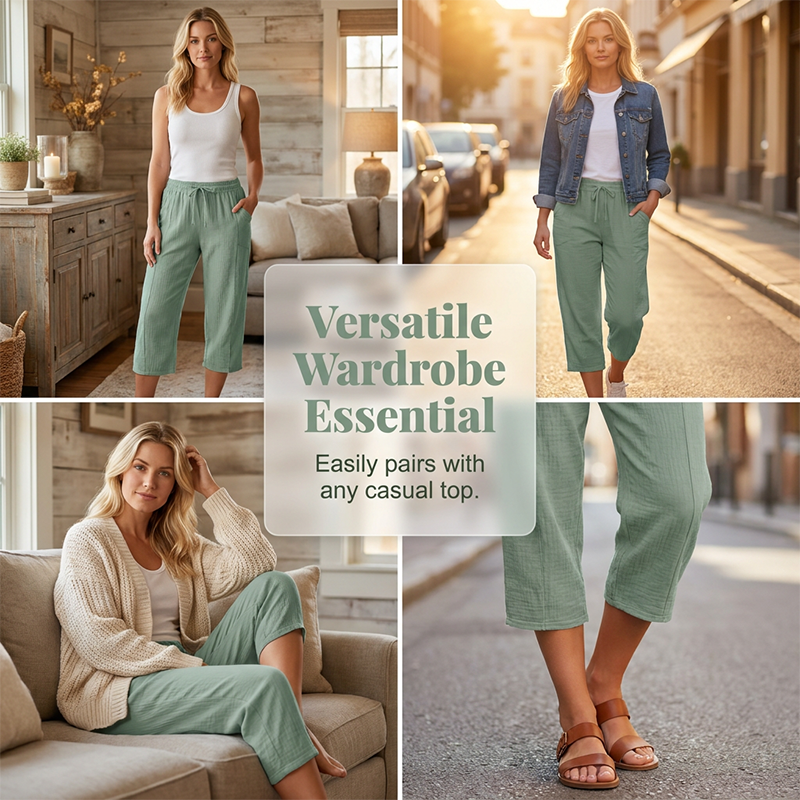 Women's Solid-Color Pleated Cotton-Linen Cropped Pants