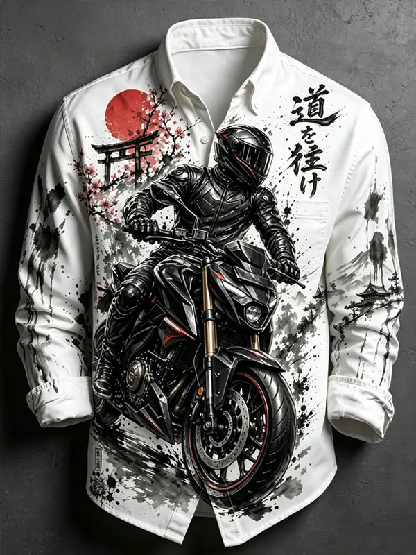 Men's Japanese Ink Wash Motorcycle Rider Torii Gate Print Long Sleeve Shirt