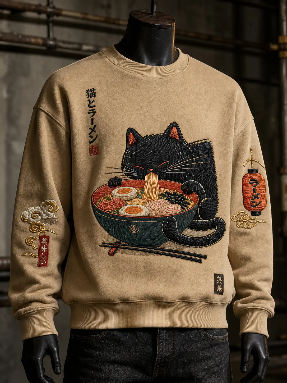 Men's Black Cat Eating Ramen Japanese Vintage Print Casual Sweatshirt